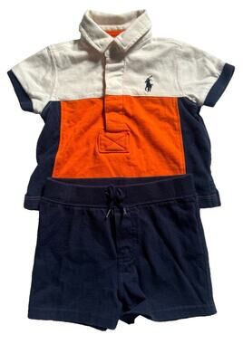 Ralph Lauren Baby Boys 3M Colorblock Polo Shirt Navy Shorts 2 Piece Outfit